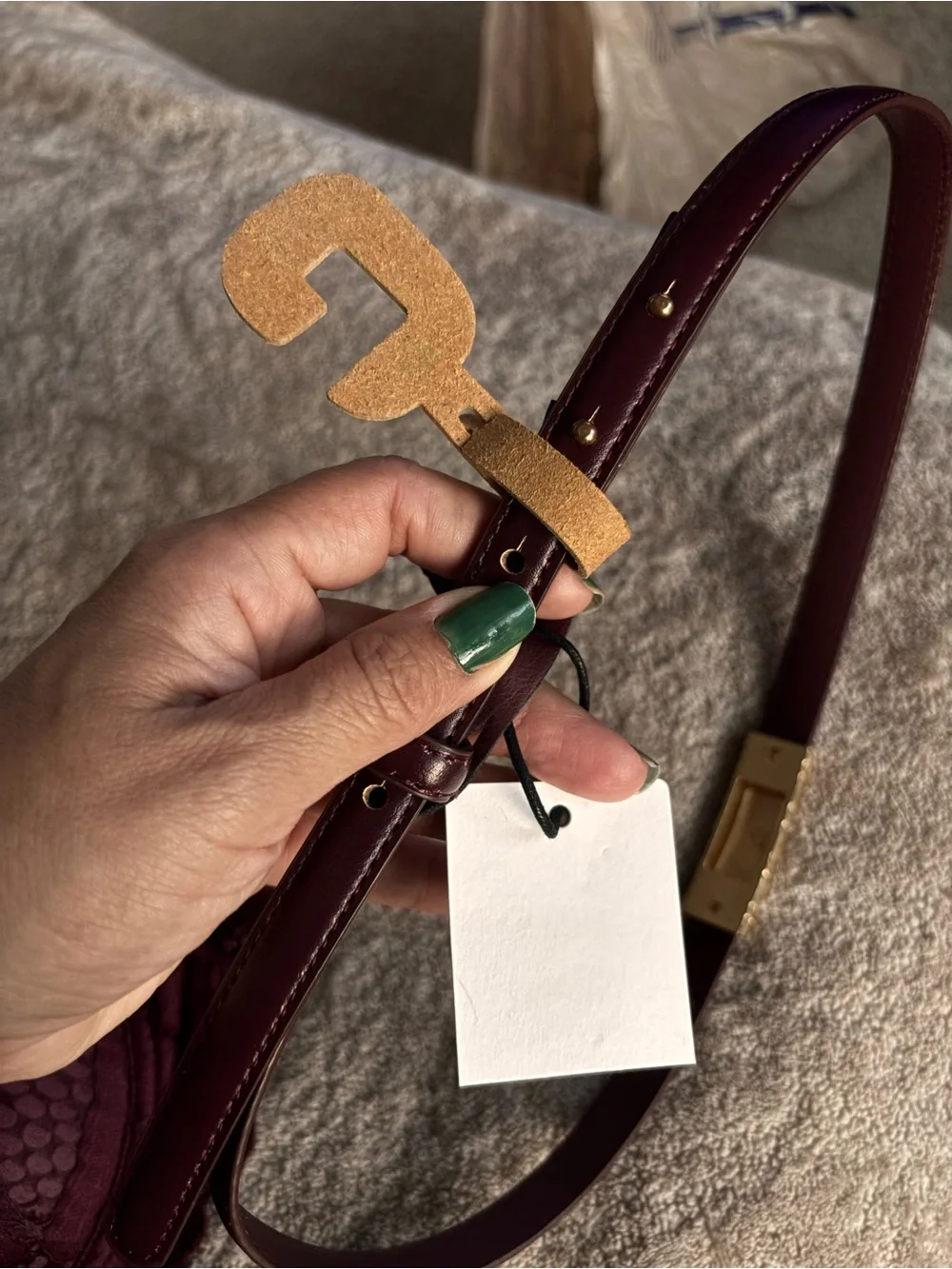 Mango Slim Leather Belt with Gold Accent - Plum